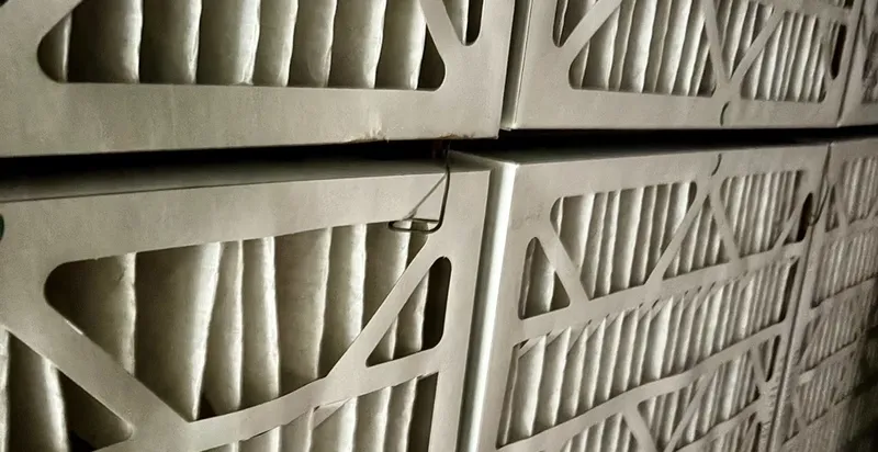 Rows of white pleated filters installed in a commercial air handler